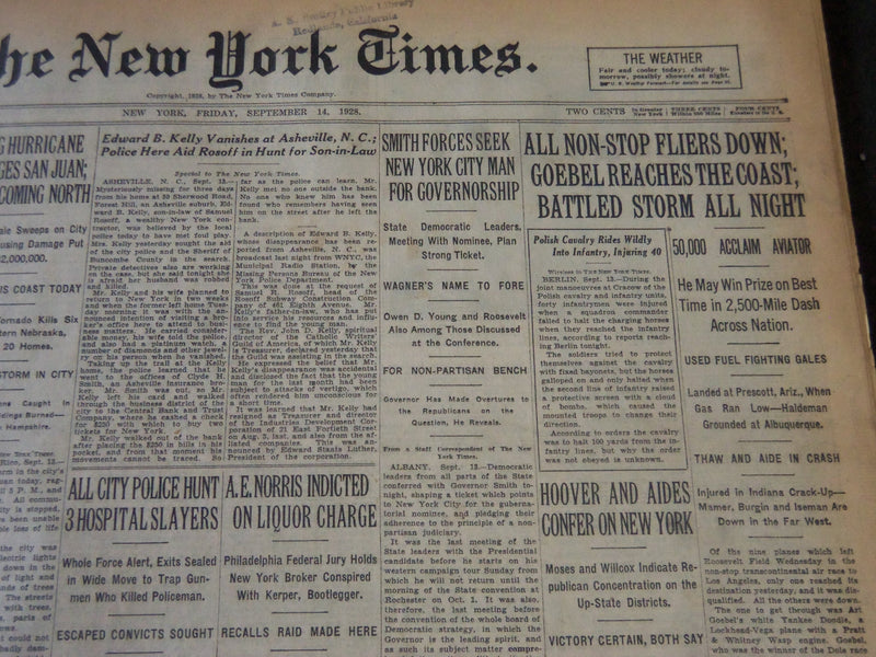 1928 SEPT 14 NEW YORK TIMES - ALL NON-STOP FLIERS DOWN, GOEBEL REACHES - NT 6442