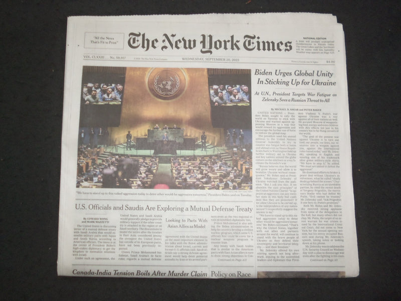 2023 SEPTEMBER 20 NEW YORK TIMES - BIDEN URGES GLOBAL UNITY STICKING FOR UKRAINE