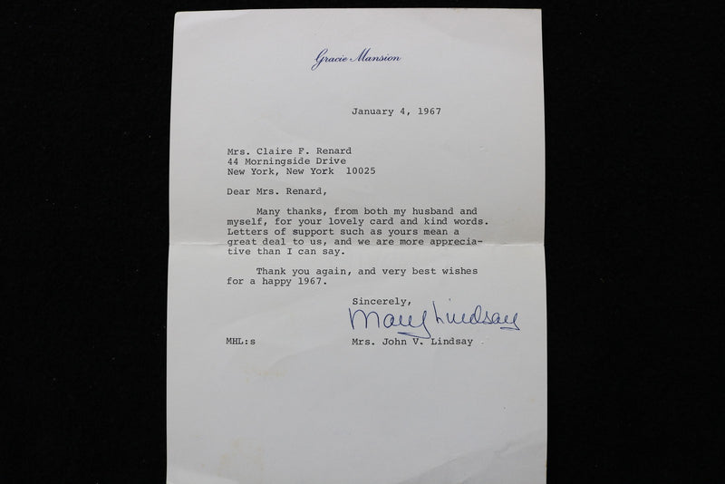 1967 JAN 4 MRS. JOHN V. (MARY) LINDSAY THANK YOU LETTER AND ENVELOPE - K 2761