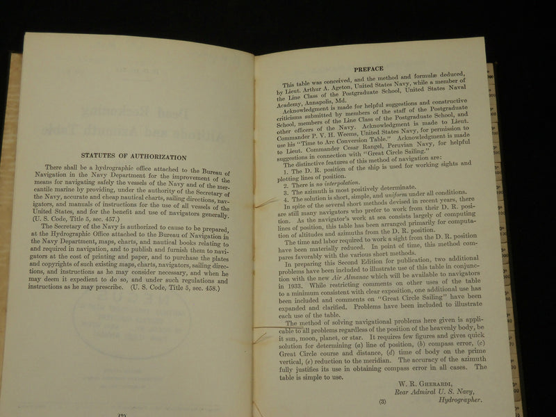 1934 U. S. NAVY DEAD RECKONING ALTITUDE & AZIMUTH TABLE - SECOND EDITION- J 5880