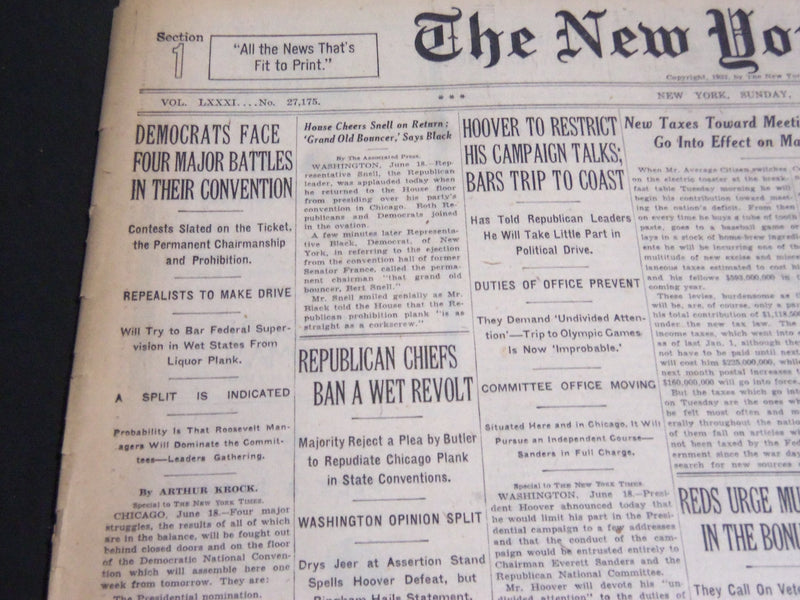 1932 JUNE 19 NEW YORK TIMES - DEMOCRATS FACE FOUR BATTLES AT CONVENTION- NT 6990
