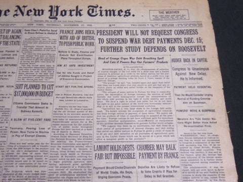 1932 NOV 17 NEW YORK TIMES -PRESIDENT WILL NOT SUSPEND WAR DEBT PAYMENT- NT 6993