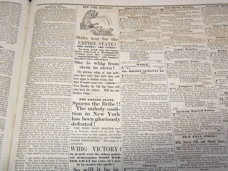 1849 NOVEMBER 9 LYNN NEWS NEWSPAPER - WIG NOMINATIONS - MASSACHUSETTS - NP 4252P