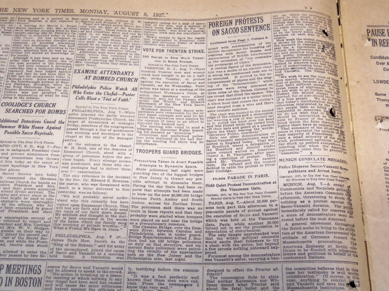 1927 AUGUST 8 NEW YORK TIMES - SACCO STRIKE HERE - RONARD WOOD DEAD - NT 9562