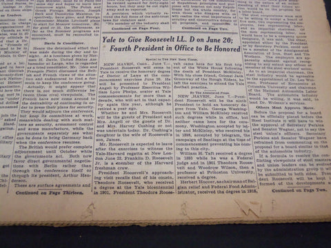 1934 JUNE 8 NEW YORK TIMES - YALE TO GIVE ROOSEVELT LL.D - NT 4206
