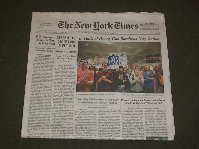 2018 FEBRUARY 22 NEW YORK TIMES - FLORIDA GUN SHOOTING SURVIVORS URGE ACTION