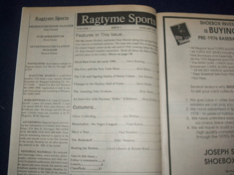 1998 JANUARY RAGTYME SPORTS MAGAZINE - ISSUE NO. 1 - STAN MUSIAL - ST 6817