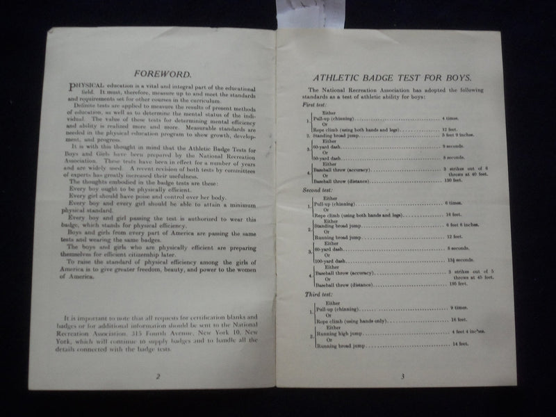 1920'S ATHLETIC BADGE TESTS FOR BOYS AND GIRLS SOFTCOVER BOOK - J 9616