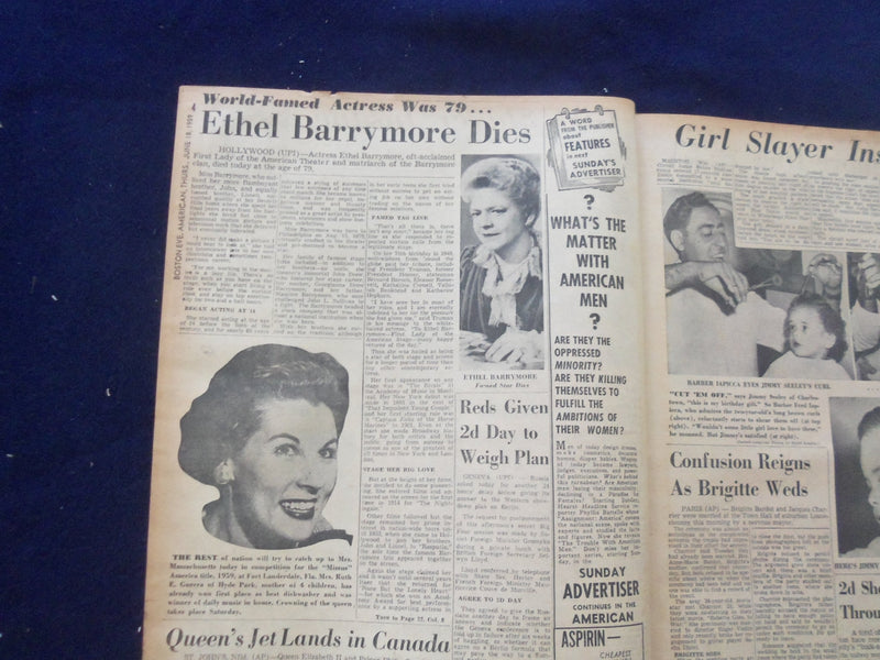 1959 JUNE 18 BOSTON AMERICAN NEWSPAPER - ETHEL BARRYMORE DIES AT 79 - NP 6222
