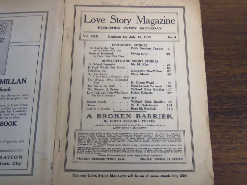 1925 JULY 18 LOVE STORY MAGAZINE ILLUSTRATED - VIVIAN GREY - K 1128