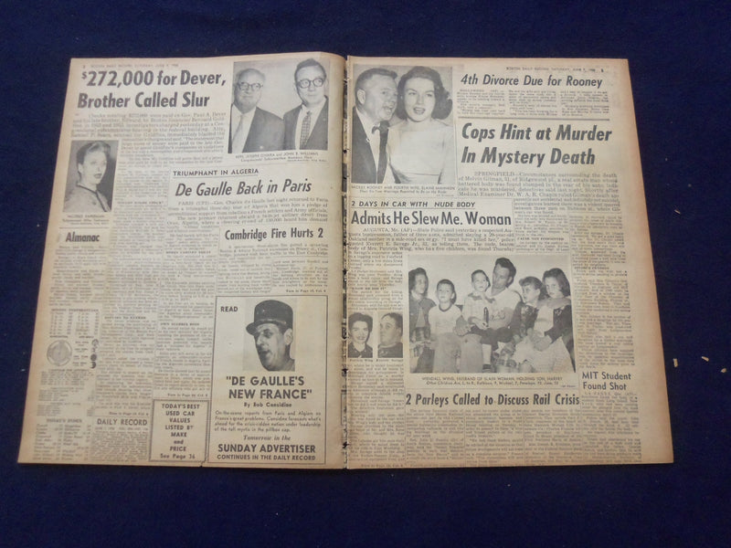 1958 JUNE 7 BOSTON RECORD AMERICAN NEWSPAPER-DEVER SLUR IN GOLDFINE LINK-NP 6277