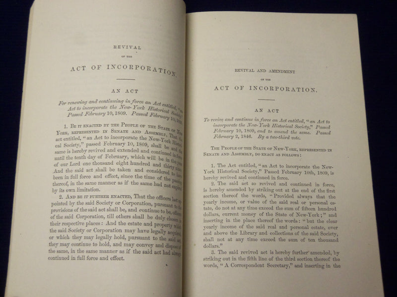 1865 NEW YORK HISTORICAL SOCIERY CHARTER AND BY-LAWS BOOK - NEW YORK - J 4550