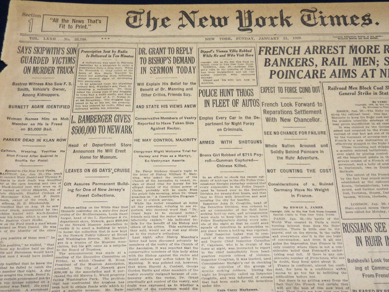 1923 JANUARY 21 NEW YORK TIMES - BAMBERGER GIVES $500,000 TO NEWARK - NT 7906