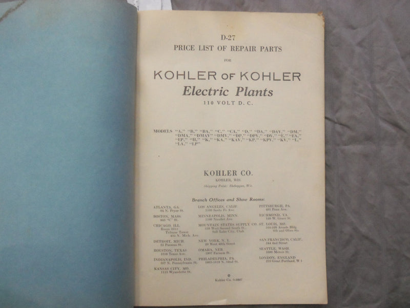 1926-1927 KOHLER OF KOHLER ELECTRIC PLANTS CATALOGS - LOT OF 3 - K 253