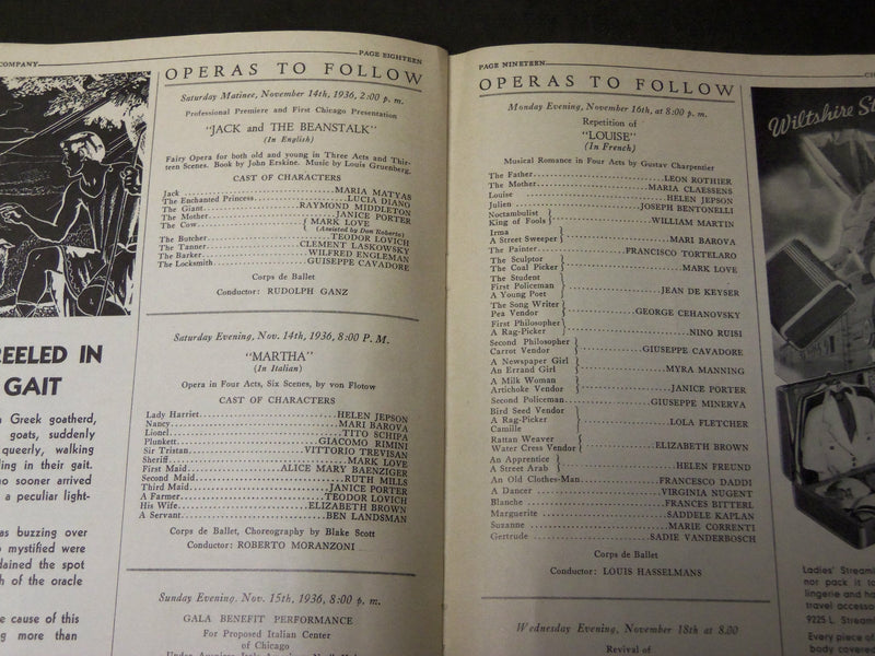 1936 NOVEMBER 13 CHICAGO CITY OPERA COMPANY PROGRAM - GIANNI SCHICCHI - J 3704