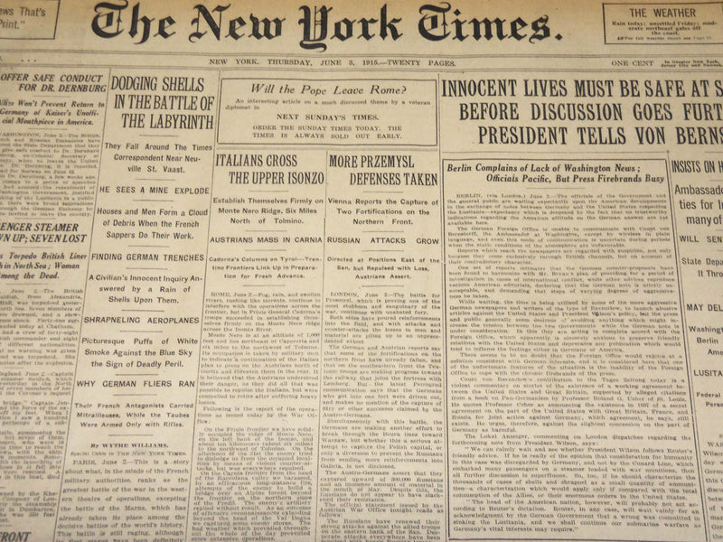 1915 JUNE 3 NEW YORK TIMES - AFFIDAVITS ABOUT LUSITANIA GUNS - NT 7693