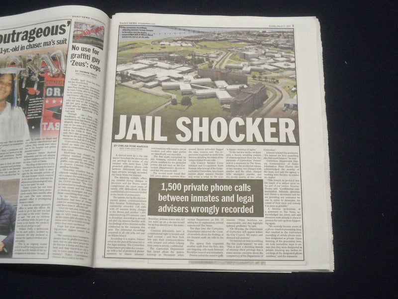 2021 MARCH 21 NEW YORK DAILY NEWS NEWSPAPER - LEAKED PRIVATE JAIL PHONE CALLS