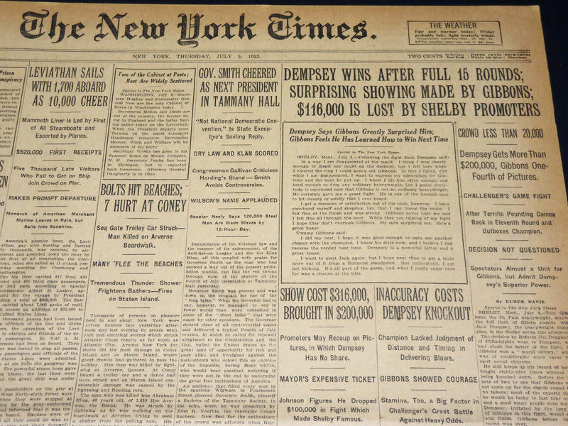 1923 JULY 5 NEW YORK TIMES NEWSPAPER-DEMPSEY WINS AFTER FULL 15 ROUNDS - NT 7738