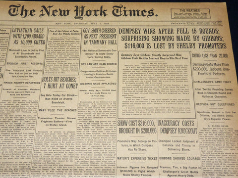 1923 JULY 5 NEW YORK TIMES NEWSPAPER-DEMPSEY WINS AFTER FULL 15 ROUNDS - NT 7738