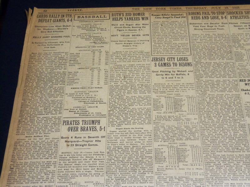 1923 JULY 19 NEW YORK TIMES NEWSPAPER- RUTH'S 22D HOMER HELPS YANKS WIN- NT 7760