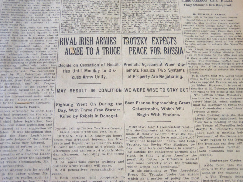 1922 MAY 5 NEW YORK TIMES - TROTZKY EXPECTS PEACE FOR RUSSIA - NT 5800