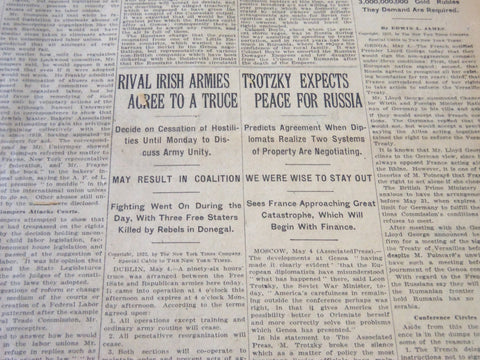 1922 MAY 5 NEW YORK TIMES - TROTZKY EXPECTS PEACE FOR RUSSIA - NT 5800
