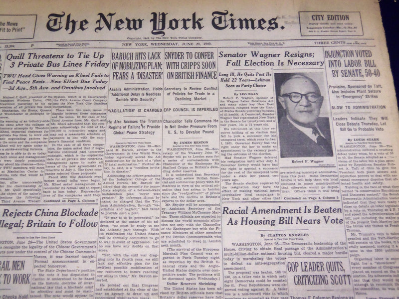 1949 JUN 29 NEW YORK TIMES - SENATOR WAGNER RESIGNS ELECTION NECESSARY - NT 2642
