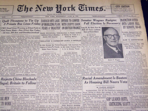 1949 JUN 29 NEW YORK TIMES - SENATOR WAGNER RESIGNS ELECTION NECESSARY - NT 2642