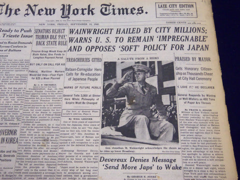 1945 SEPT 14 NEW YORK TIMES - WAINWRIGHT HAILED BY CITY MILLIONS - NT 305