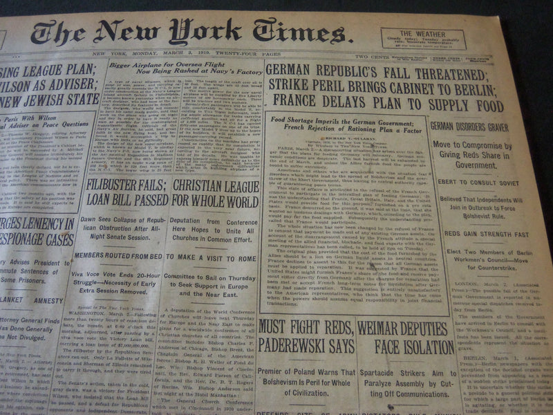 1919 MARCH 3 NEW YORK TIMES - GERMAN REPUBLIC'S FALL THREATENED - NT 6213