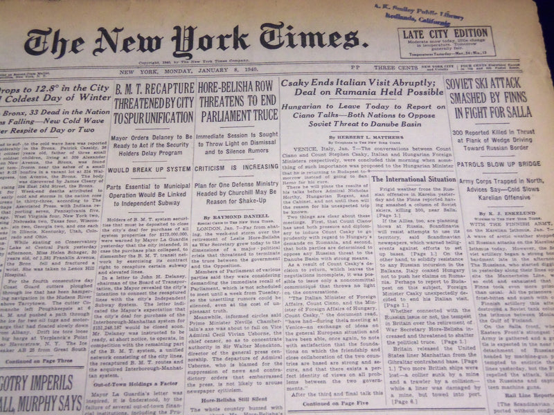 1940 JANUARY 8 NEW YORK TIMES - CSAKY ENDS ITALIAN VISIT ABRUPTLY - NT 2679