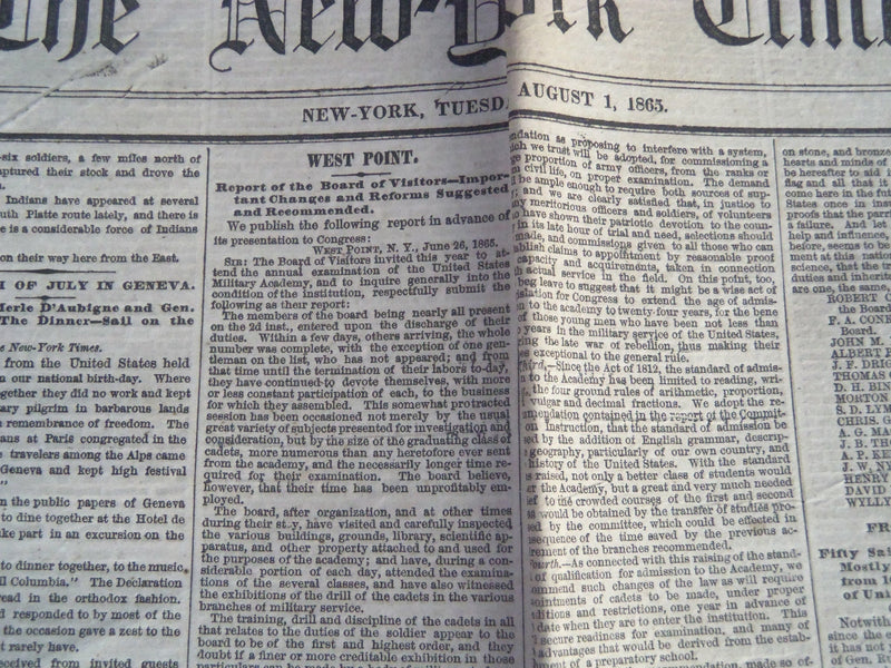 1865 AUGUST 1 NEW YORK TIMES NEWSPAPER - WEST POINT CHANGES AND REFORMS- NP 3991