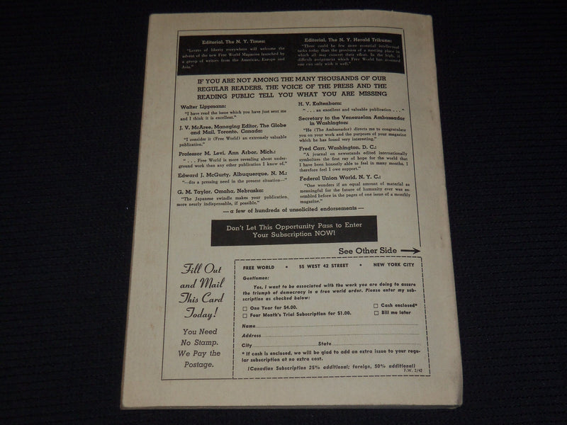 1942 FEBRUARY FREE WORLD MAGAZINE - ICKES FOREIGN POLICY - KALTENBORN - K 32