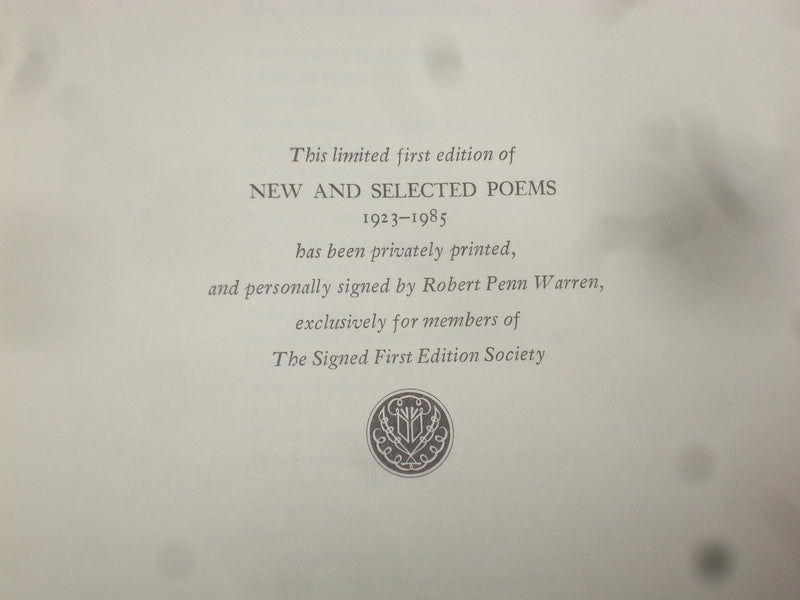 1985 NEW AND SELECTED POEMS HARDCOVER BOOK- R. WARREN - SIGNED 1ST ED. - KD 8976