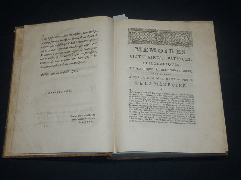 1777 MEMOIRES LITTERAIRES DE LA MEDECINE BOOK BY JEAN GOULIN - FRENCH - KD 2016G