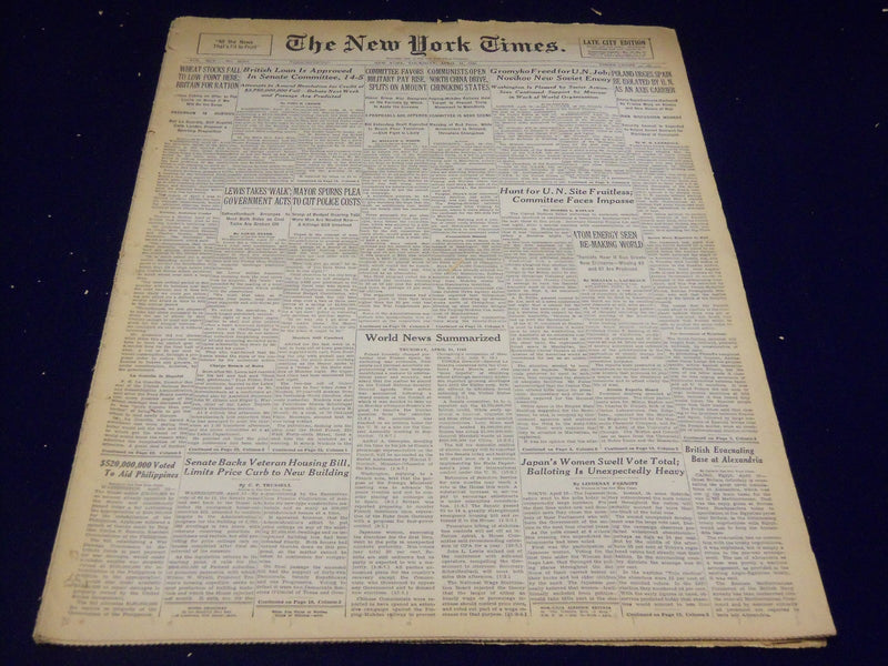 1946 APRIL 11 NEW YORK TIMES - HUNT FOR UN SITE FRUITLESS - NT 2721