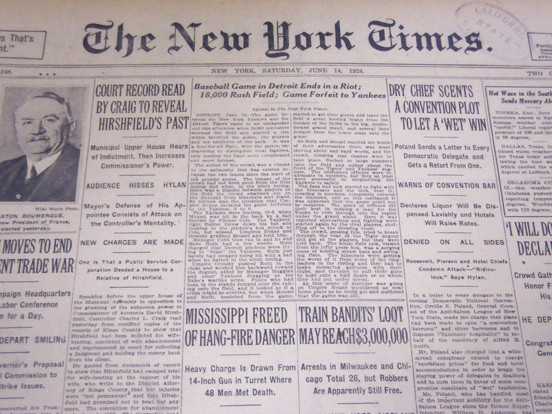 1924 JUNE 14 NEW YORK TIMES - BASEBALL GAME IN DETROIT ENDS IN A RIOT - NT 5042