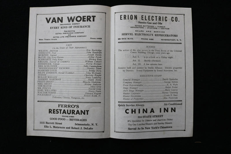 1930'S THE FRONT PAGE PROGRAM - ERIE THEATRE - SCHENECTADY, NEW YORK - K 1888