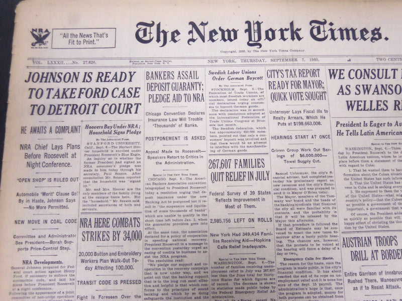 1933 SEPT 7 NEW YORK TIMES - JOHNSON READY TO TAKE FORD CASE TO COURT - NT 5261