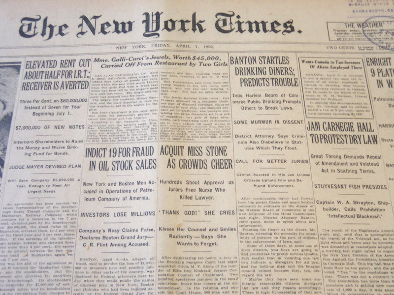 1922 APRIL 7 NEW YORK TIMES - JAM CARNEGIE HALL TO PROTEST DRY LAW - NT 5779