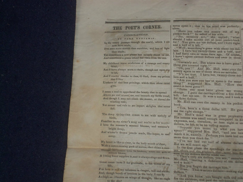 1847 SEPTEMBER 18 MASSACHUSETTS PLOUGHMAN- CONSOLATIONS -PARK BENJAMIN - NP 5150