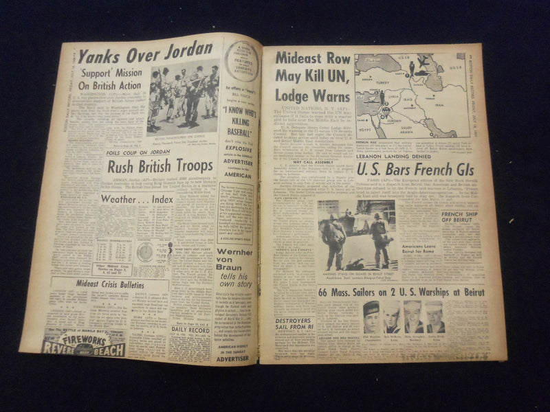 1958 JULY 18 BOSTON DAILY RECORD NEWSPAPER-U.S. ARMADA FLIES OVER JORDAN-NP 6359