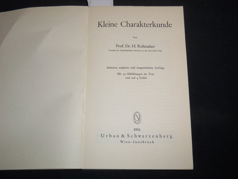 1956 KLEINE CHARAKTERKUNDE GERMAN BOOK BY DR. H. ROHRACHER - KD 5633V