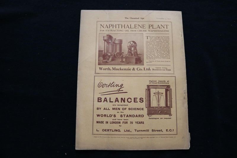 1922 NOVEMBER 4 THE CHEMICAL AGE MAGAZINE - R.W. GREEFF & CO. COVER - SP 4924S