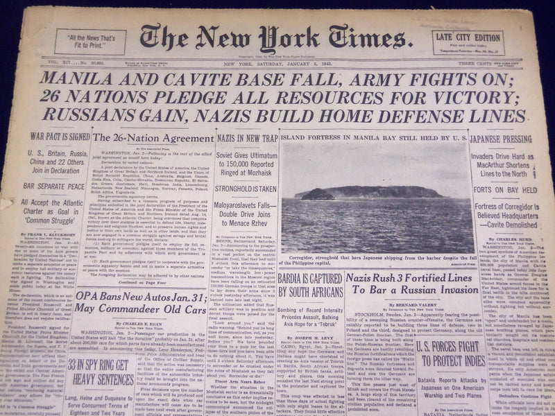 1942 JAN 3 NEW YORK TIMES - MANILA & CAVITE BASE FALL, ARMY FIGHTS ON - NT 1533
