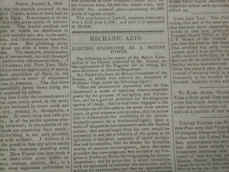 1849 MARCH 17 MASSACHUSETTS PLOUGHMAN NEWSPAPER - ELECTRO MAGNETISM - NP 5163