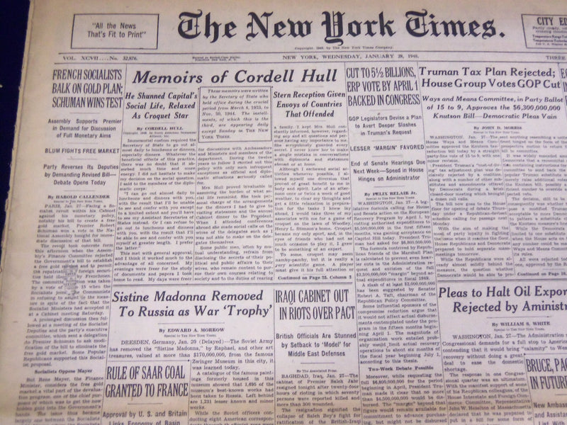 1948 JANUARY 28 NEW YORK TIMES - MEMOIRS OF CORDELL HULL - NT 3756