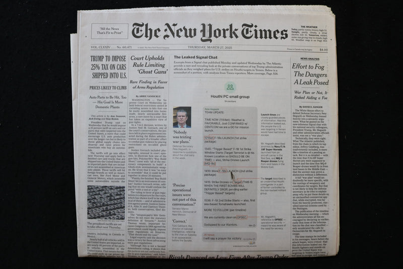 2025 MARCH 27 NEW YORK TIMES - TRUMP TO IMPOSE 25% TAX ON CARS SHIPPED INTO U.S.