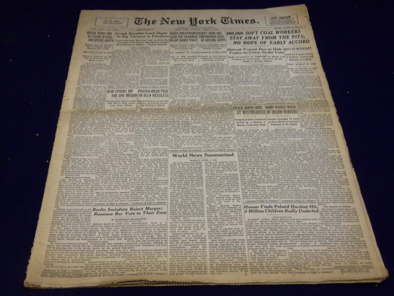 1946 APRIL 1 NEW YORK TIMES - COAL WORKERS STAY AWAY - NT 3128