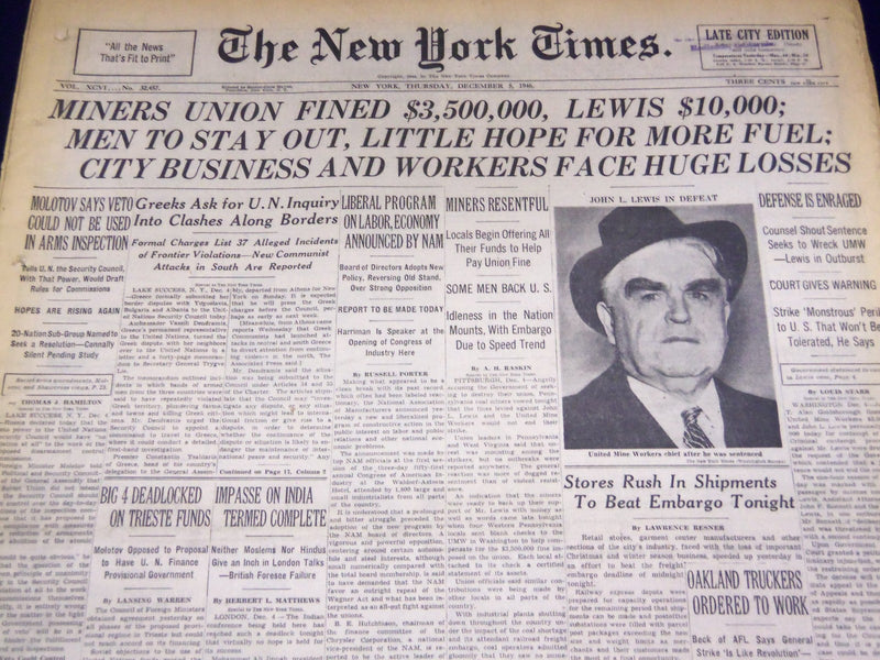 1946 DECEMBER 5 NEW YORK TIMES - MINERS UNION FINED $3,500,000 - LEWIS - NT 873